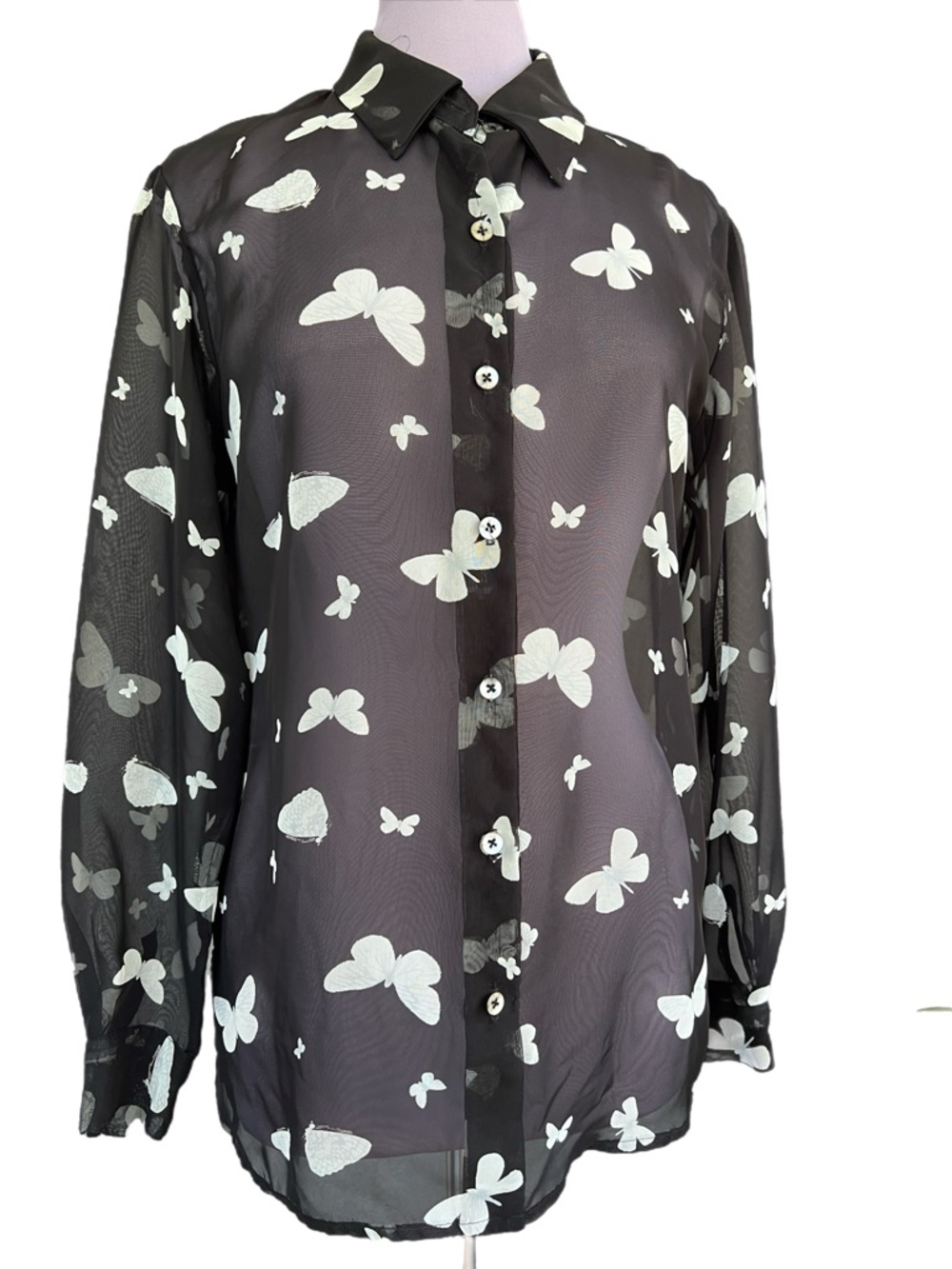 Carole Little Black Sheer Button-Down Shirt with White Butterfly Print Tag Sz. 8